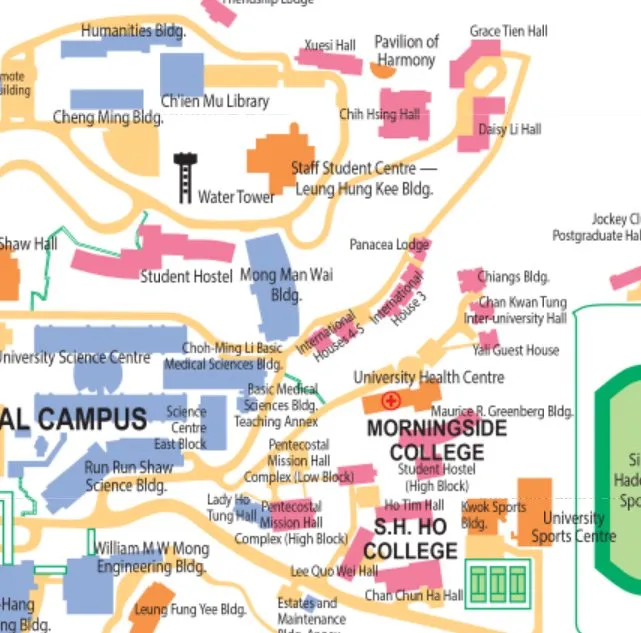 Map of the CUHK campus showing the location of the Mong Man Wai Building relative to University Station.